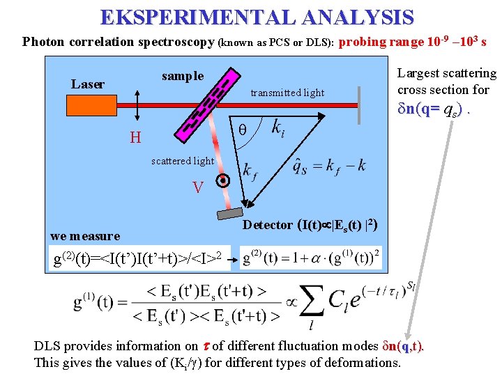 EKSPERIMENTAL ANALYSIS Photon correlation spectroscopy (known as PCS or DLS): probing range 10 -9