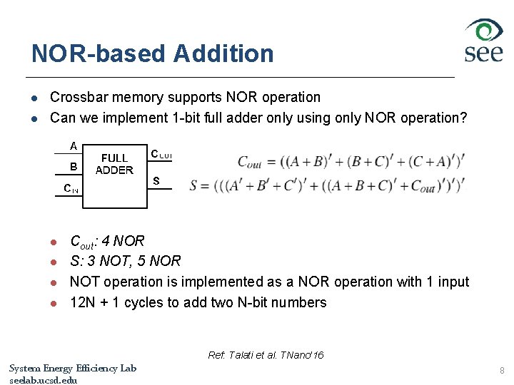 NOR-based Addition l l Crossbar memory supports NOR operation Can we implement 1 -bit