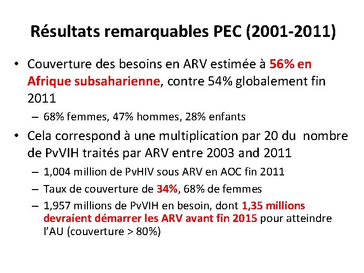 Résultats remarquables PEC (2001 -2011) • Couverture des besoins en ARV estimée à 56%