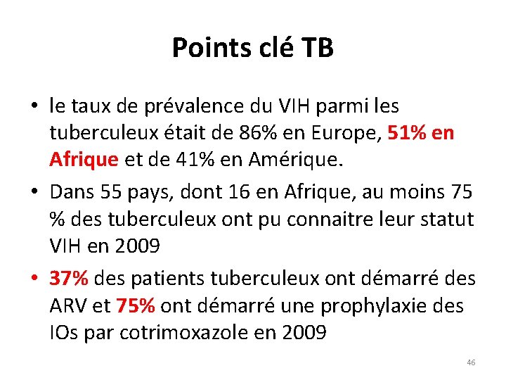 Points clé TB • le taux de prévalence du VIH parmi les tuberculeux était