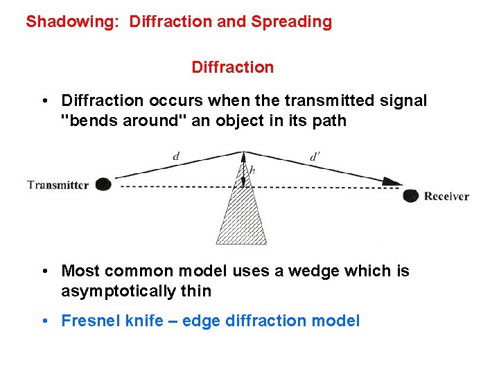 Shadowing: Diffraction and Spreading Diffraction • Diffraction occurs when the transmitted signal "bends around" Shadowing: Diffraction and Spreading Diffraction • Diffraction occurs when the transmitted signal "bends around"