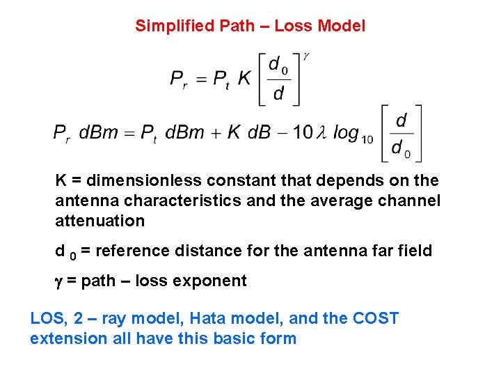 Simplified Path – Loss Model K = dimensionless constant that depends on the antenna Simplified Path – Loss Model K = dimensionless constant that depends on the antenna