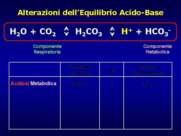 Alterazioni dell’Equilibrio Acido-Base H 2 O + CO 2 H 2 CO 3 Componente Alterazioni dell’Equilibrio Acido-Base H 2 O + CO 2 H 2 CO 3 Componente