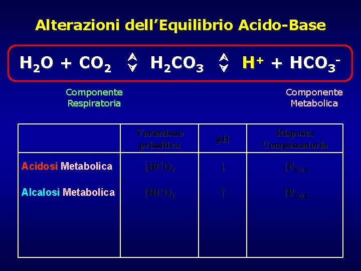 Alterazioni dell’Equilibrio Acido-Base H 2 O + CO 2 H 2 CO 3 Componente Alterazioni dell’Equilibrio Acido-Base H 2 O + CO 2 H 2 CO 3 Componente