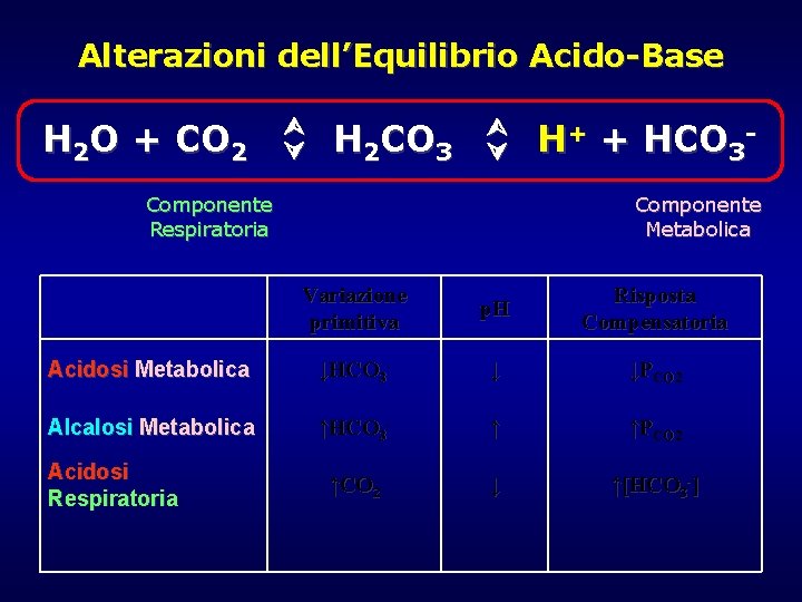 Alterazioni dell’Equilibrio Acido-Base H 2 O + CO 2 H 2 CO 3 Componente Alterazioni dell’Equilibrio Acido-Base H 2 O + CO 2 H 2 CO 3 Componente