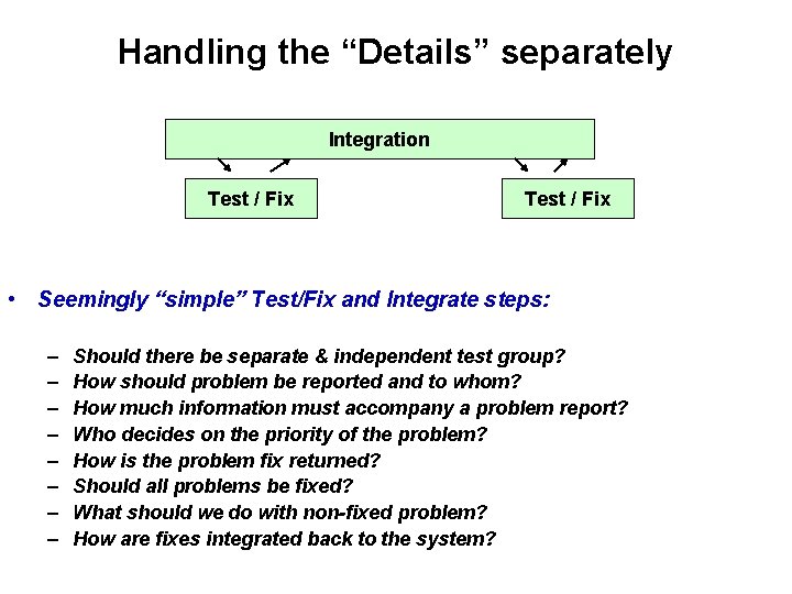 Handling the “Details” separately Integration Test / Fix • Seemingly “simple” Test/Fix and Integrate