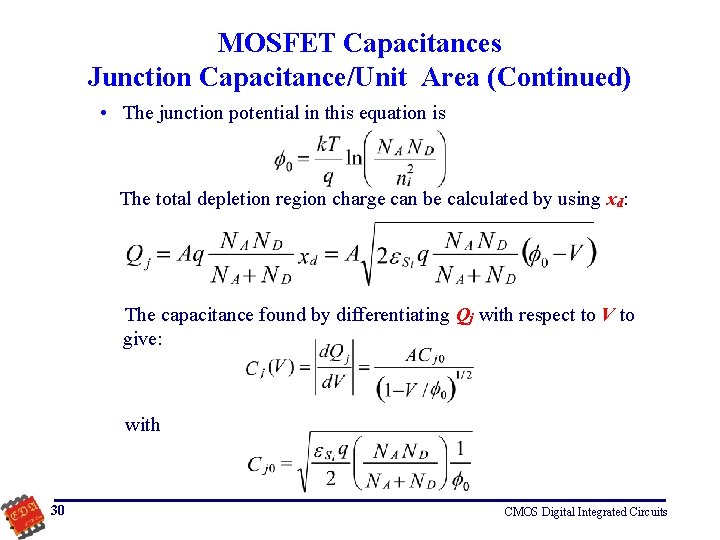 MOSFET Capacitances Junction Capacitance/Unit Area (Continued) • The junction potential in this equation is