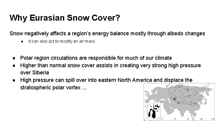 Why Eurasian Snow Cover? Snow negatively affects a region’s energy balance mostly through albedo