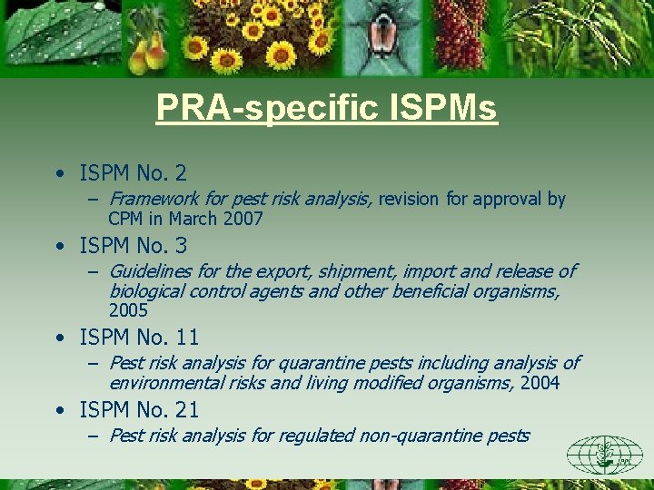 PRA-specific ISPMs • ISPM No. 2 – Framework for pest risk analysis, revision for