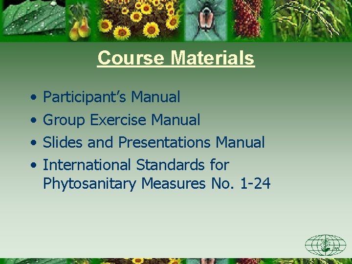 Course Materials • • Participant’s Manual Group Exercise Manual Slides and Presentations Manual International