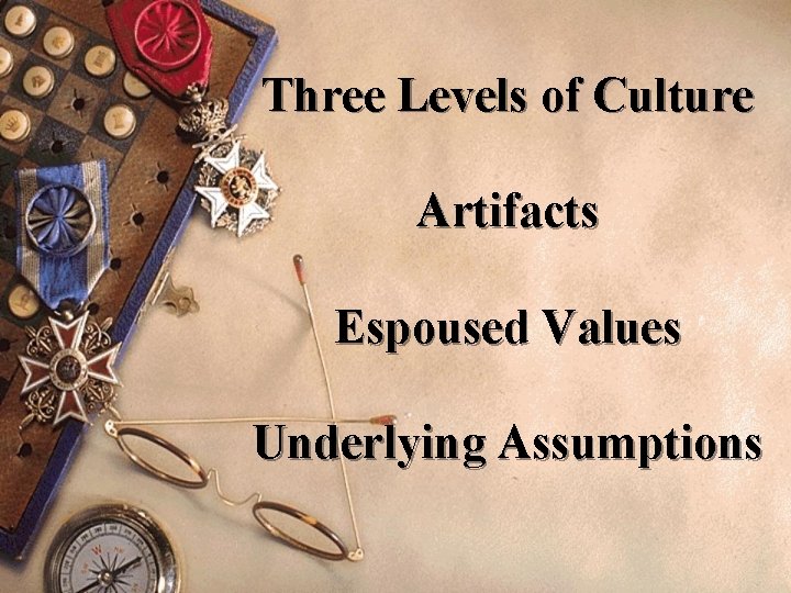 Three Levels of Culture Artifacts Espoused Values Underlying Assumptions 