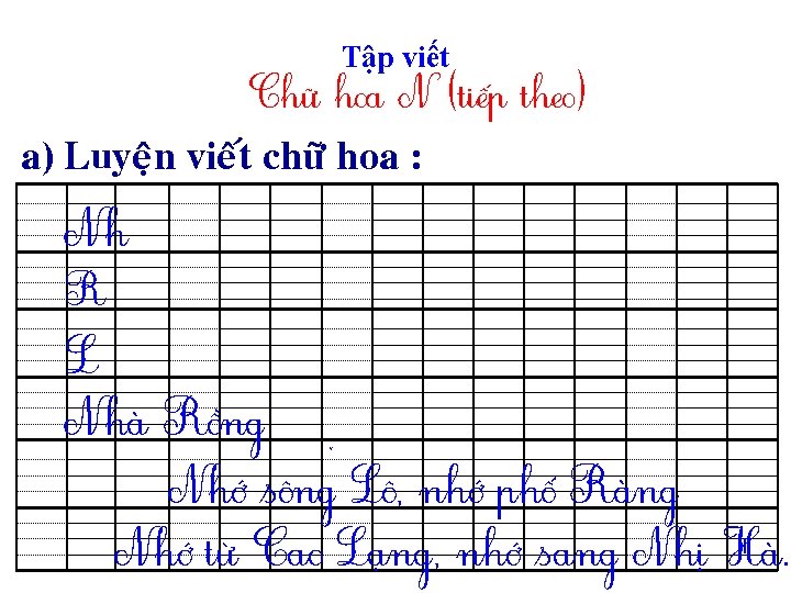 Tập viết Chữ hoa N (tiếp theo) a) Luyeän vieát chöõ hoa : Nh