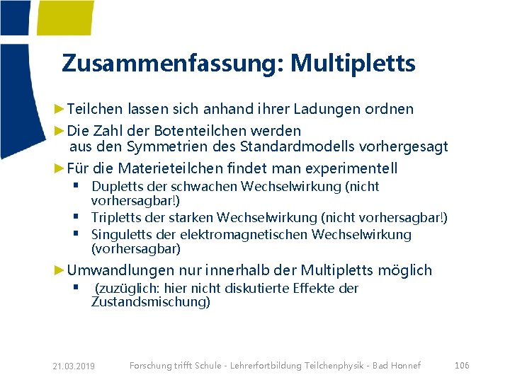  Zusammenfassung: Multipletts ►Teilchen lassen sich anhand ihrer Ladungen ordnen ►Die Zahl der Botenteilchen