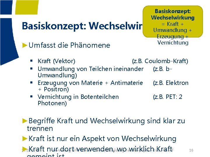 Basiskonzept: Wechselwirkung = Kraft + Umwandlung + Erzeugung + Vernichtung Basiskonzept: Wechselwirkung ►Umfasst die