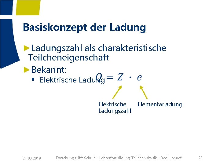 Basiskonzept der Ladung ►Ladungszahl als charakteristische Teilcheneigenschaft ►Bekannt: § Elektrische Ladungszahl 21. 03. 2019