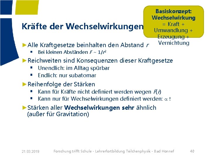 Basiskonzept: Wechselwirkung = Kraft + Kräfte der Wechselwirkungen Umwandlung + Erzeugung + ►Alle Kraftgesetze