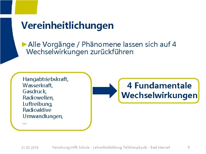 Vereinheitlichungen ►Alle Vorgänge / Phänomene lassen sich auf 4 Wechselwirkungen zurückführen Hangabtriebskraft, Wasserkraft, Gasdruck,