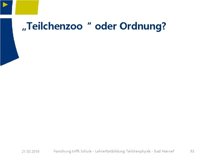 ► „Teilchenzoo“ oder Ordnung? 21. 03. 2019 Forschung trifft Schule - Lehrerfortbildung Teilchenphysik -