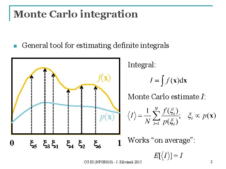 Monte Carlo integration n General tool for estimating definite integrals Integral: f(x) Monte Carlo