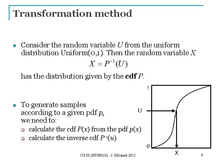 Transformation method n Consider the random variable U from the uniform distribution Uniform(0, 1).