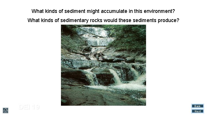 What kinds of sediment might accumulate in this environment? What kinds of sedimentary rocks