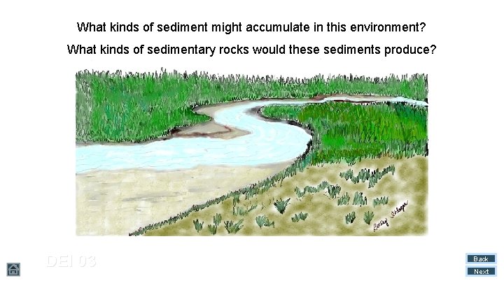 What kinds of sediment might accumulate in this environment? What kinds of sedimentary rocks