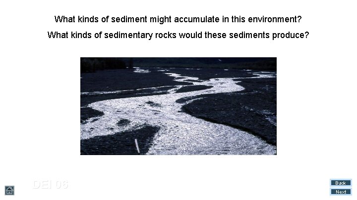 What kinds of sediment might accumulate in this environment? What kinds of sedimentary rocks