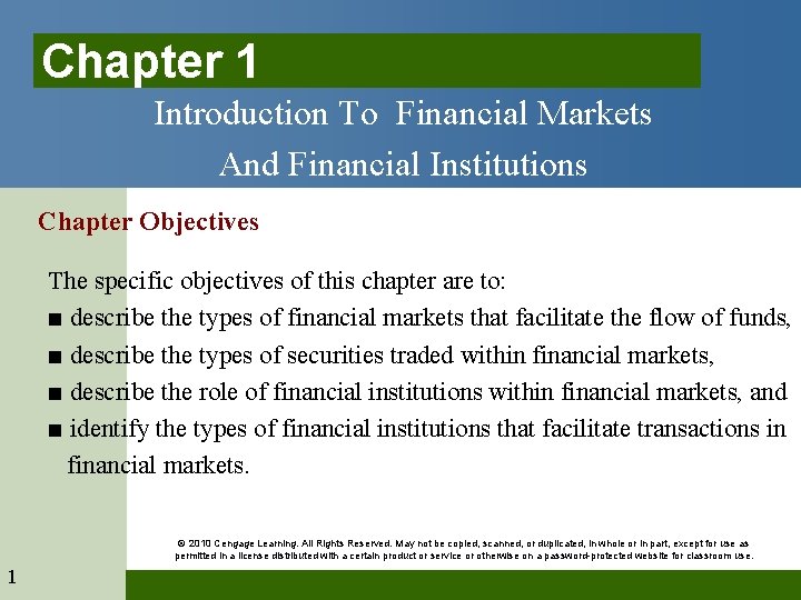 Chapter 1 Introduction To Financial Markets And Financial Institutions Chapter Objectives The specific objectives