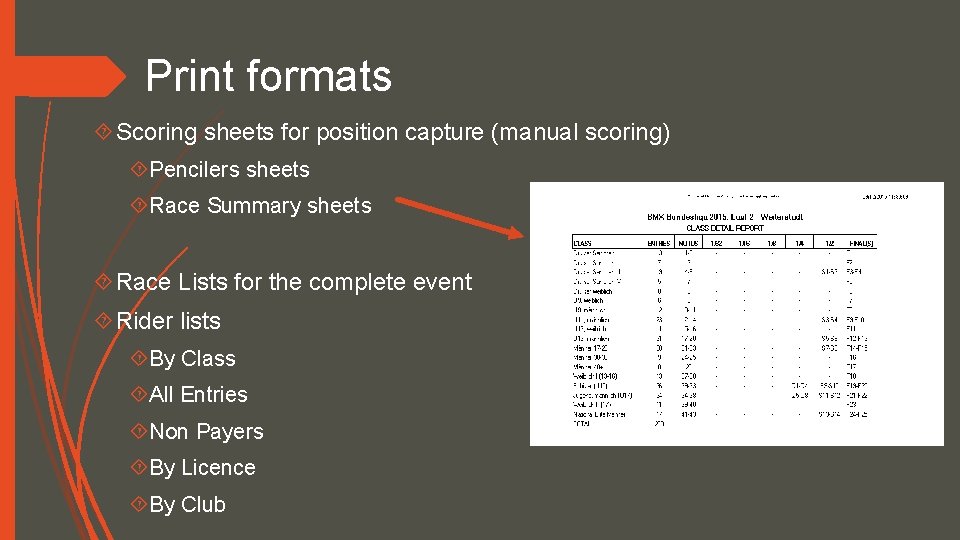 Print formats Scoring sheets for position capture (manual scoring) Pencilers sheets Race Summary sheets