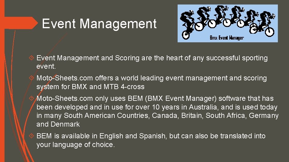 Event Management and Scoring are the heart of any successful sporting event. Moto-Sheets. com