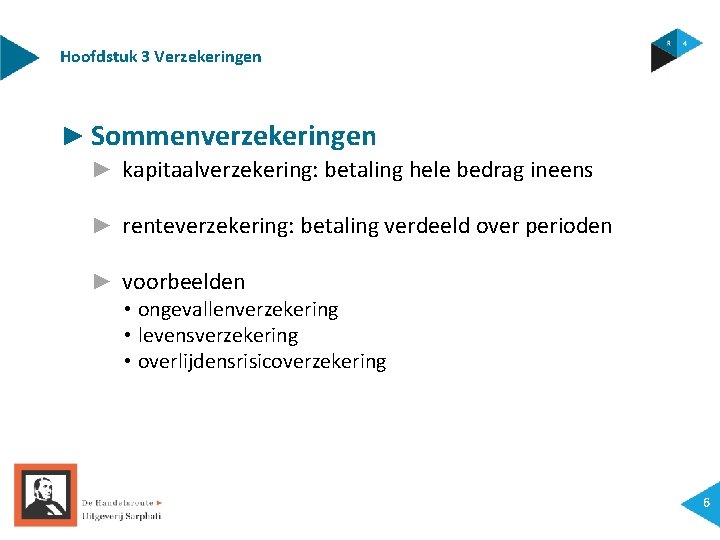 Hoofdstuk 3 Verzekeringen ► Sommenverzekeringen ► kapitaalverzekering: betaling hele bedrag ineens ► renteverzekering: betaling