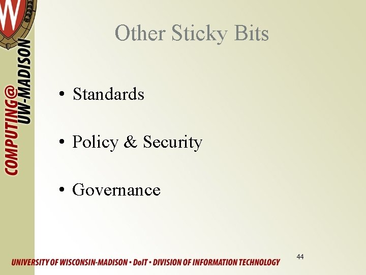 Other Sticky Bits • Standards • Policy & Security • Governance 44 