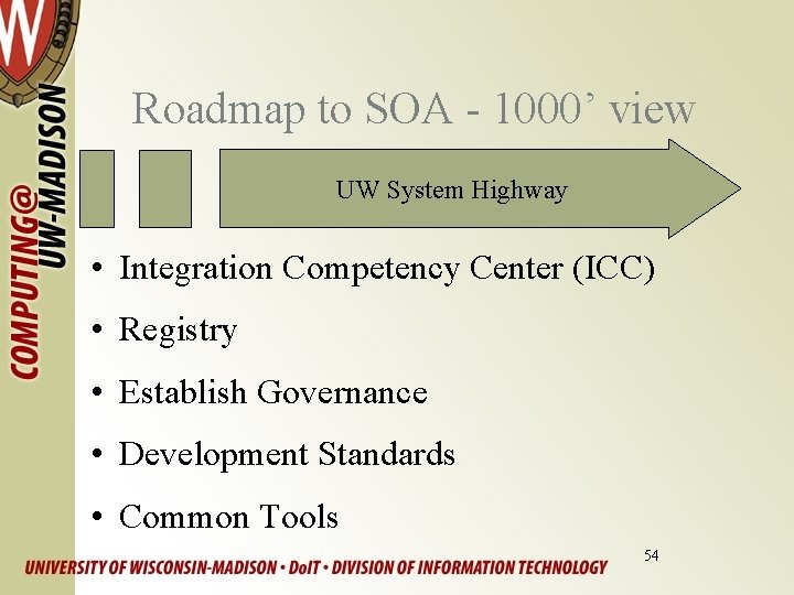 Roadmap to SOA - 1000’ view UW System Highway • Integration Competency Center (ICC)