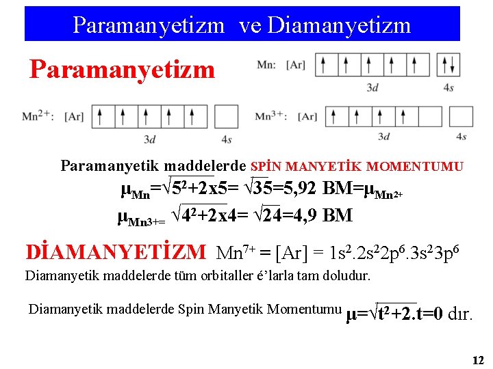 Paramanyetizm ve Diamanyetizm Paramanyetik maddelerde SPİN MANYETİK MOMENTUMU μMn=√ 52+2 x 5= √ 35=5,