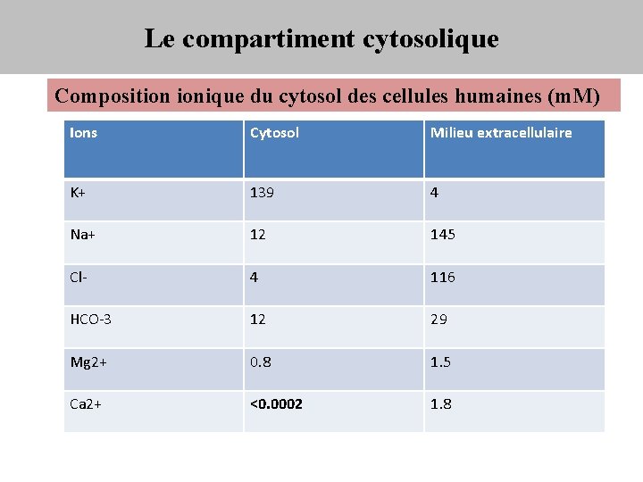 Le compartiment cytosolique Composition ionique du cytosol des cellules humaines (m. M) Ions Cytosol