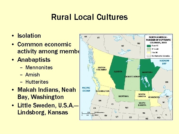 Rural Local Cultures • Isolation • Common economic activity among members • Anabaptists –