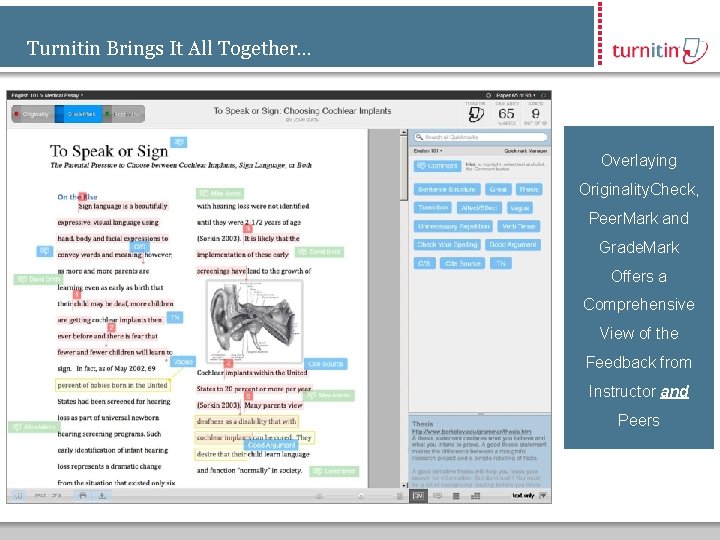 Turnitin Brings It All Together… Overlaying Originality. Check, Peer. Mark and Grade. Mark Offers