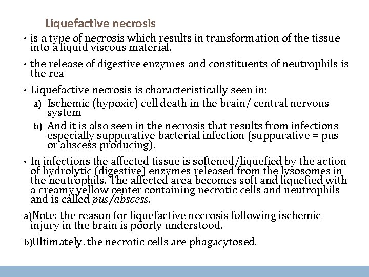 Liquefactive necrosis is a type of necrosis which results in transformation of the tissue