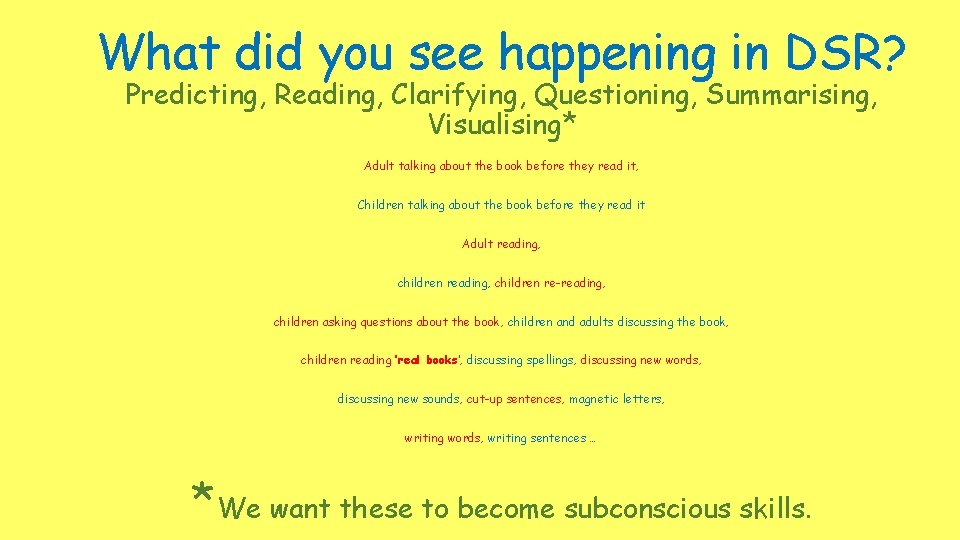 What did you see happening in DSR? Predicting, Reading, Clarifying, Questioning, Summarising, Visualising* Adult