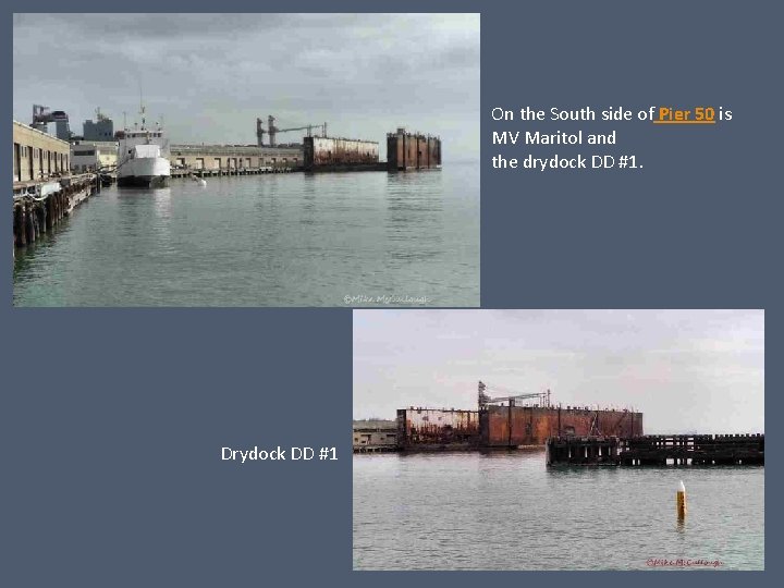 On the South side of Pier 50 is MV Maritol and the drydock DD
