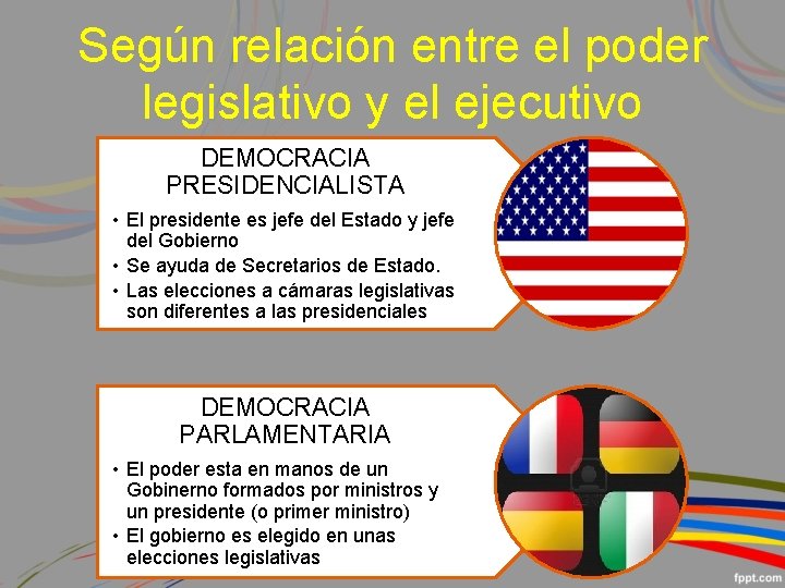 Según relación entre el poder legislativo y el ejecutivo DEMOCRACIA PRESIDENCIALISTA • El presidente