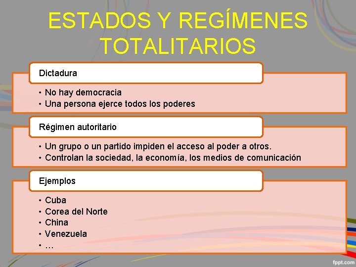 ESTADOS Y REGÍMENES TOTALITARIOS Dictadura • No hay democracia • Una persona ejerce todos