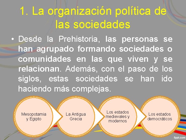 1. La organización política de las sociedades • Desde la Prehistoria, las personas se