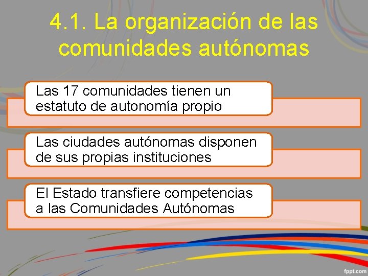 4. 1. La organización de las comunidades autónomas Las 17 comunidades tienen un estatuto