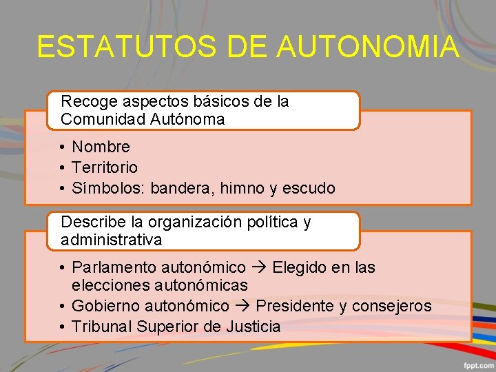 ESTATUTOS DE AUTONOMIA Recoge aspectos básicos de la Comunidad Autónoma • Nombre • Territorio