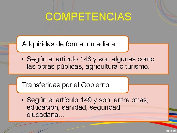 COMPETENCIAS Adquiridas de forma inmediata • Según al articulo 148 y son algunas como