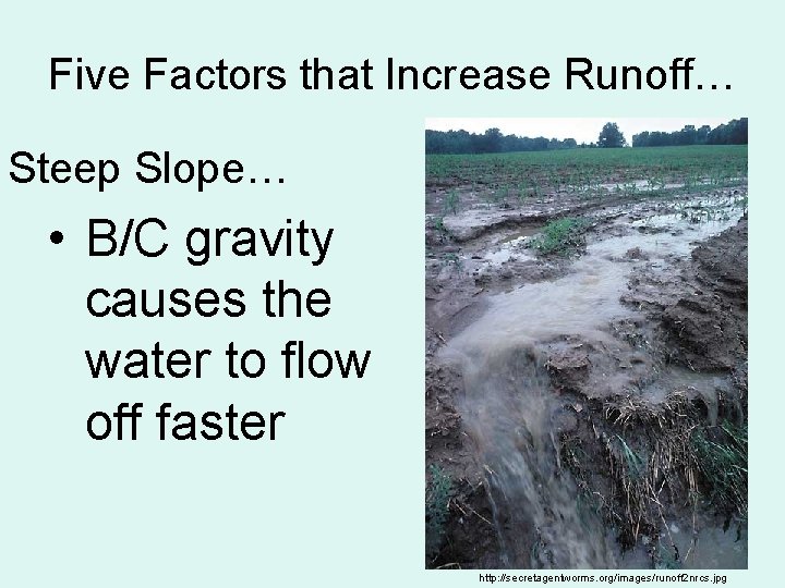 Five Factors that Increase Runoff… Steep Slope… • B/C gravity causes the water to