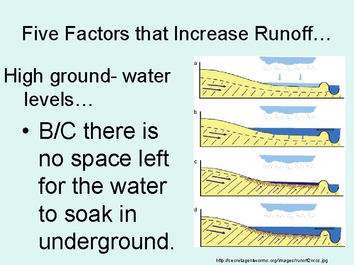 Five Factors that Increase Runoff… High ground- water levels… • B/C there is no