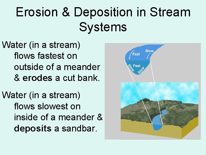 Erosion & Deposition in Stream Systems Water (in a stream) flows fastest on outside