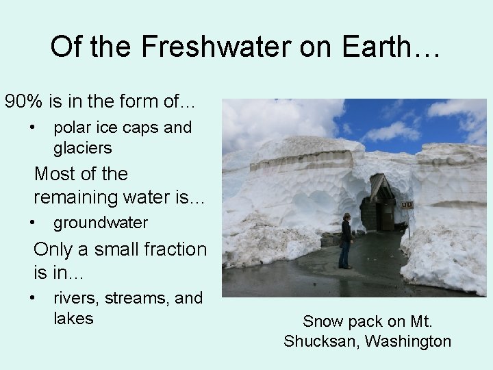 Of the Freshwater on Earth… 90% is in the form of… • polar ice